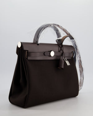 *HOT & RARE* Hermès Herbag 31 Zip Bag in Ebene Toile Militaire Canvas, Ebene Vache Hunter Leather with Palladium Hardware
