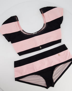 Chanel Black and Pink Stripe Two-Piece Swimsuit with Crystal CC Logo Size FR 36/38 (UK 8/10)