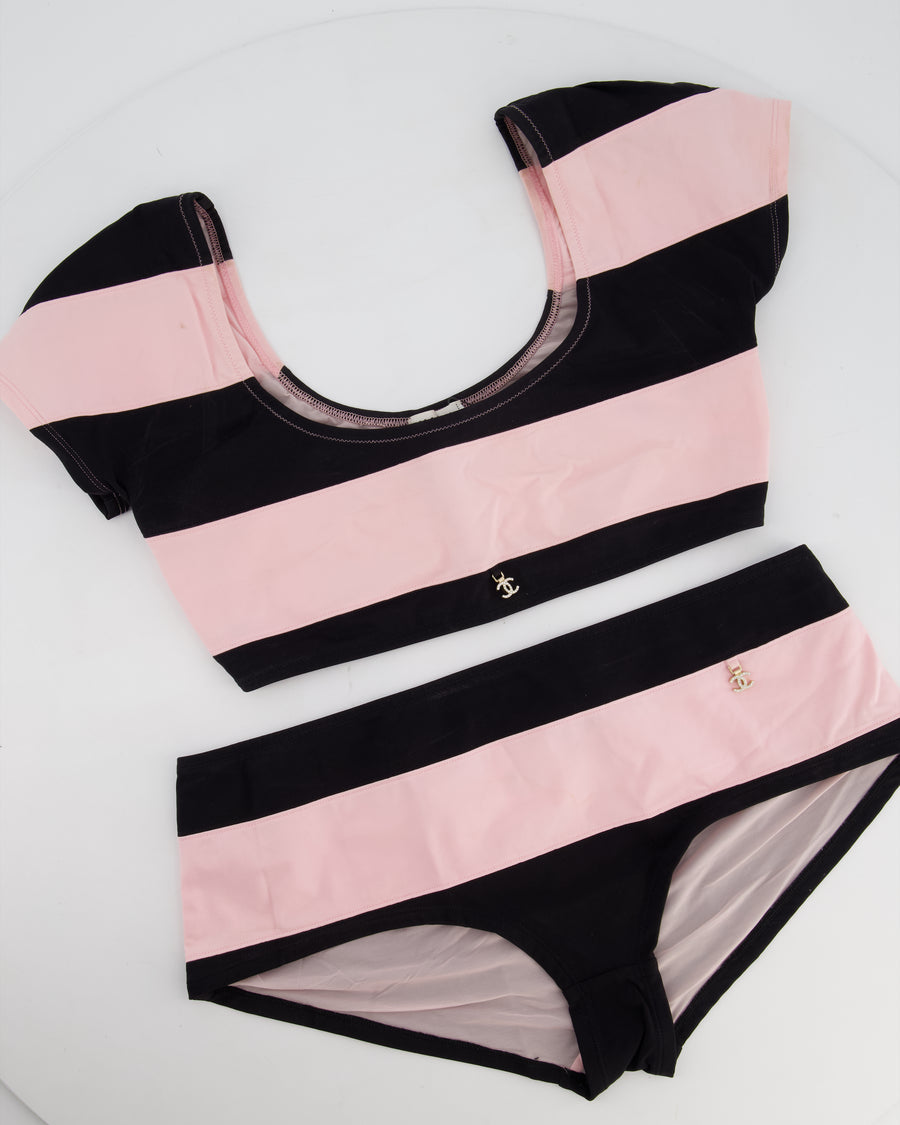 Chanel Black and Pink Stripe Two-Piece Swimsuit with Crystal CC Logo Size FR 36/38 (UK 8/10)