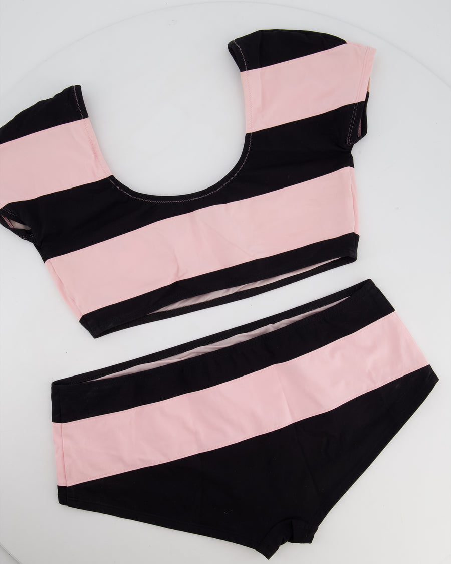 Chanel Black and Pink Stripe Two-Piece Swimsuit with Crystal CC Logo Size FR 36/38 (UK 8/10)