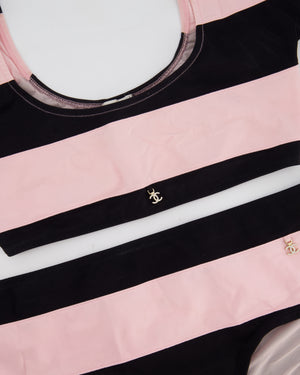 Chanel Black and Pink Stripe Two-Piece Swimsuit with Crystal CC Logo Size FR 36/38 (UK 8/10)