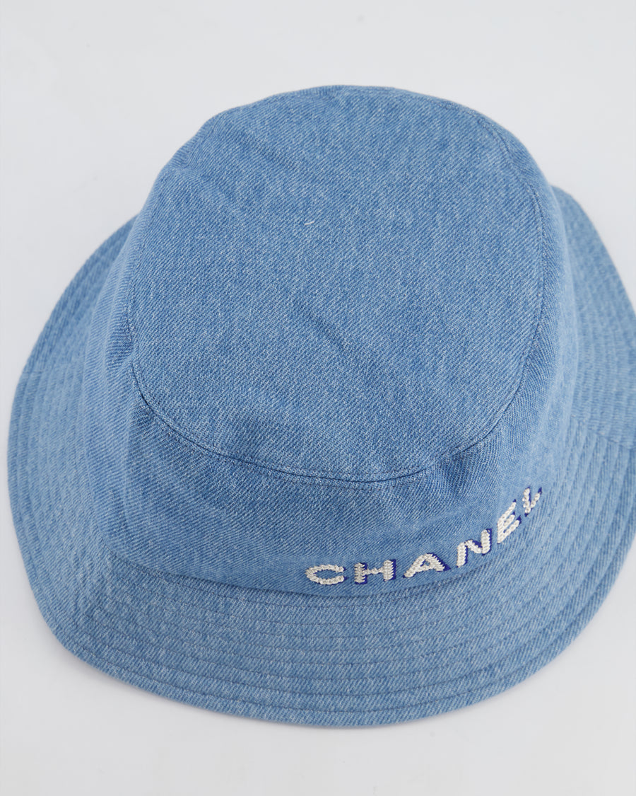 Chanel 22S Blue Denim Bucket Hat with White Stitched Sequin Chanel Logo Size L