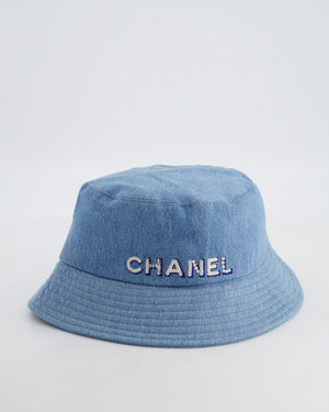 Chanel 22S Blue Denim Bucket Hat with White Stitched Sequin Chanel Logo Size L