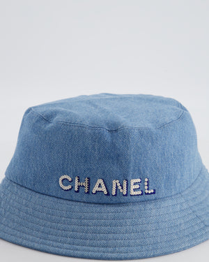 Chanel 22S Blue Denim Bucket Hat with White Stitched Sequin Chanel Logo Size L
