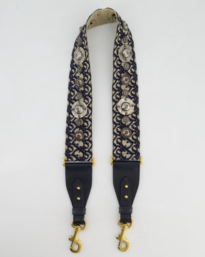 Christian Dior Navy, Cream Oblique Canvas Bag Strap with Silver Studs and Gold Clasps