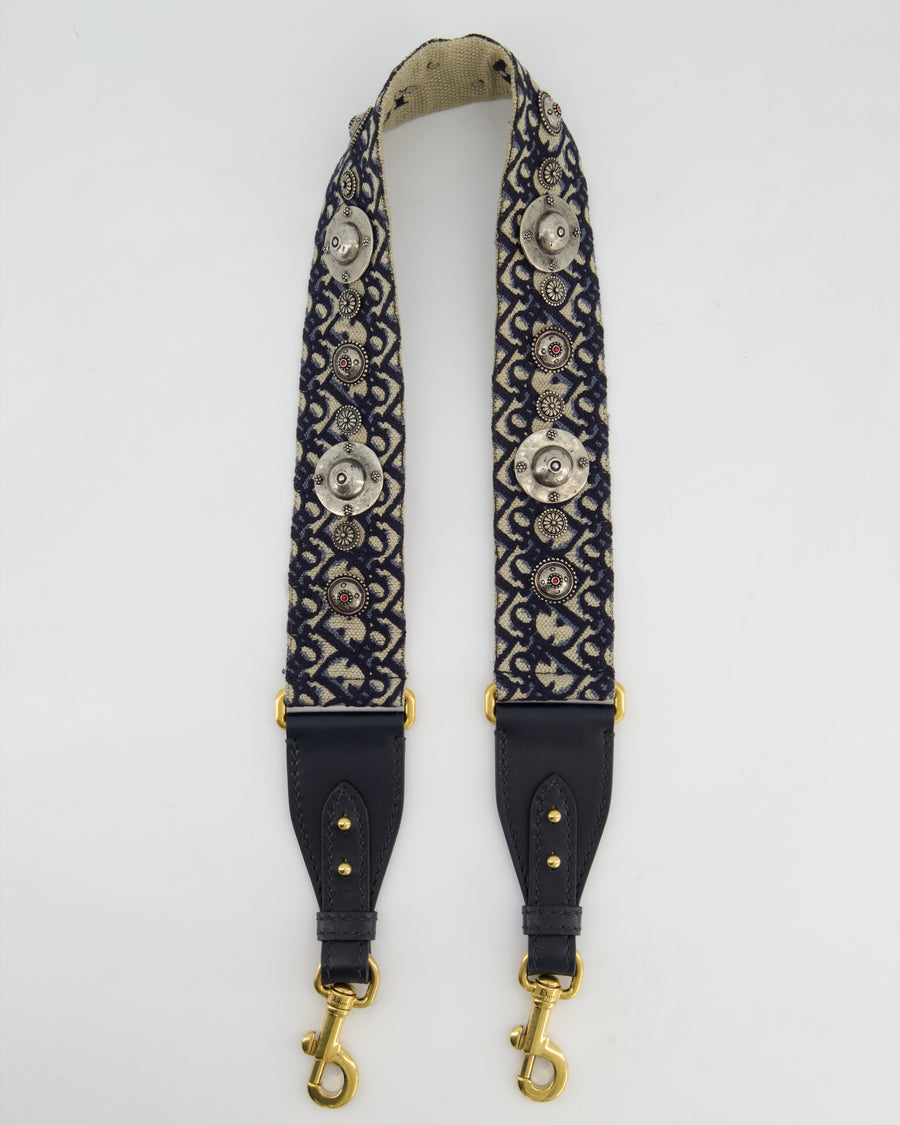 Christian Dior Navy, Cream Oblique Canvas Bag Strap with Silver Studs and Gold Clasps