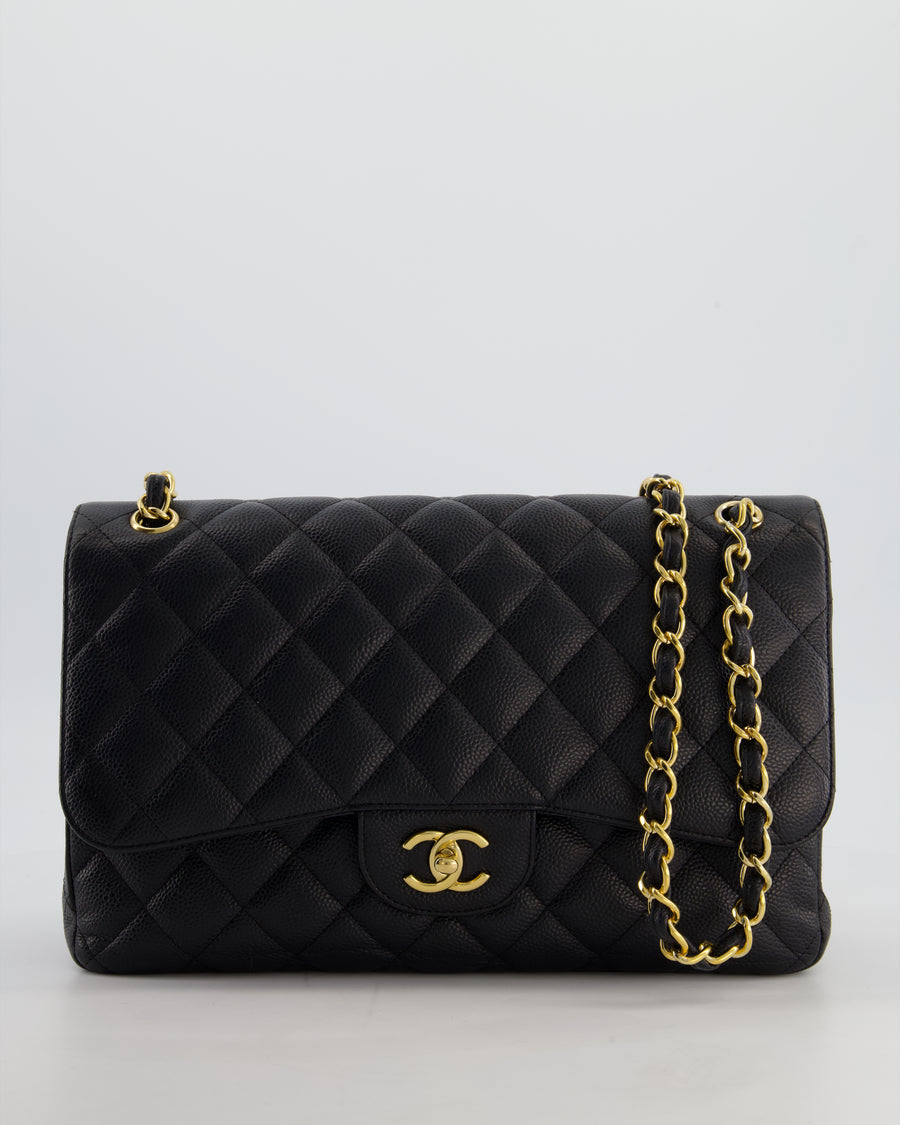 Chanel Black Jumbo Classic Double Flap Bag in Caviar Leather with Gold Hardware