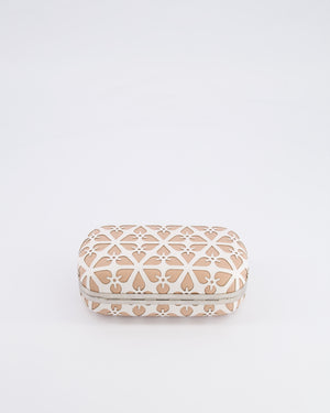 Alexander McQueen Beige and White Leather Laser Cut Skull Box Chain Clutch Bag with Silver and Crystal Embellished Skull Detail RRP £2,690
