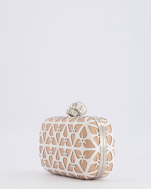 Alexander McQueen Beige and White Leather Laser Cut Skull Box Chain Clutch Bag with Silver and Crystal Embellished Skull Detail RRP £2,690
