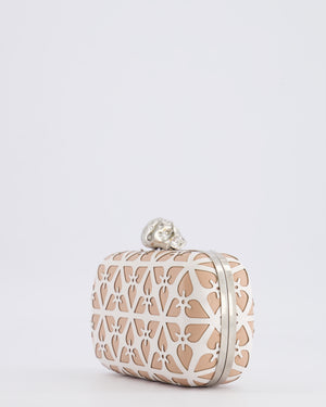 Alexander McQueen Beige and White Leather Laser Cut Skull Box Chain Clutch Bag with Silver and Crystal Embellished Skull Detail RRP £2,690