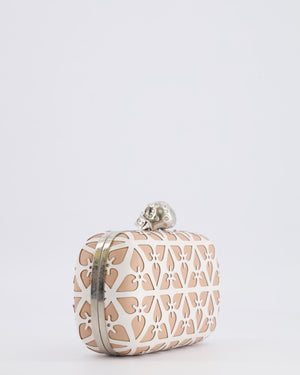 Alexander McQueen Beige and White Leather Laser Cut Skull Box Chain Clutch Bag with Silver and Crystal Embellished Skull Detail RRP £2,690