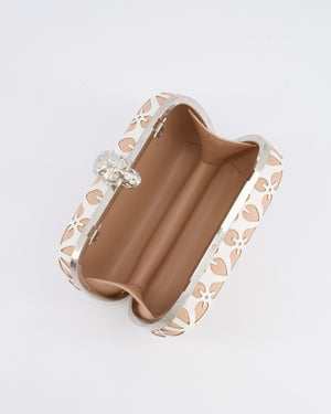 Alexander McQueen Beige and White Leather Laser Cut Skull Box Chain Clutch Bag with Silver and Crystal Embellished Skull Detail RRP £2,690