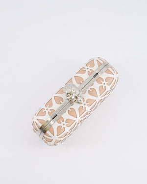 Alexander McQueen Beige and White Leather Laser Cut Skull Box Chain Clutch Bag with Silver and Crystal Embellished Skull Detail RRP £2,690