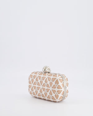 Alexander McQueen Beige and White Leather Laser Cut Skull Box Chain Clutch Bag with Silver and Crystal Embellished Skull Detail RRP £2,690