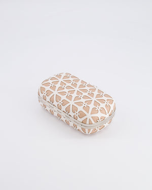 Alexander McQueen Beige and White Leather Laser Cut Skull Box Chain Clutch Bag with Silver and Crystal Embellished Skull Detail RRP £2,690