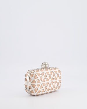 Alexander McQueen Beige and White Leather Laser Cut Skull Box Chain Clutch Bag with Silver and Crystal Embellished Skull Detail RRP £2,690