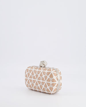 Alexander McQueen Beige and White Leather Laser Cut Skull Box Chain Clutch Bag with Silver and Crystal Embellished Skull Detail RRP £2,690