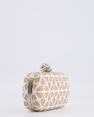 Alexander McQueen Beige and White Leather Laser Cut Skull Box Chain Clutch Bag with Silver and Crystal Embellished Skull Detail RRP £2,690