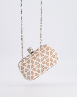 Alexander McQueen Beige and White Leather Laser Cut Skull Box Chain Clutch Bag with Silver and Crystal Embellished Skull Detail RRP £2,690