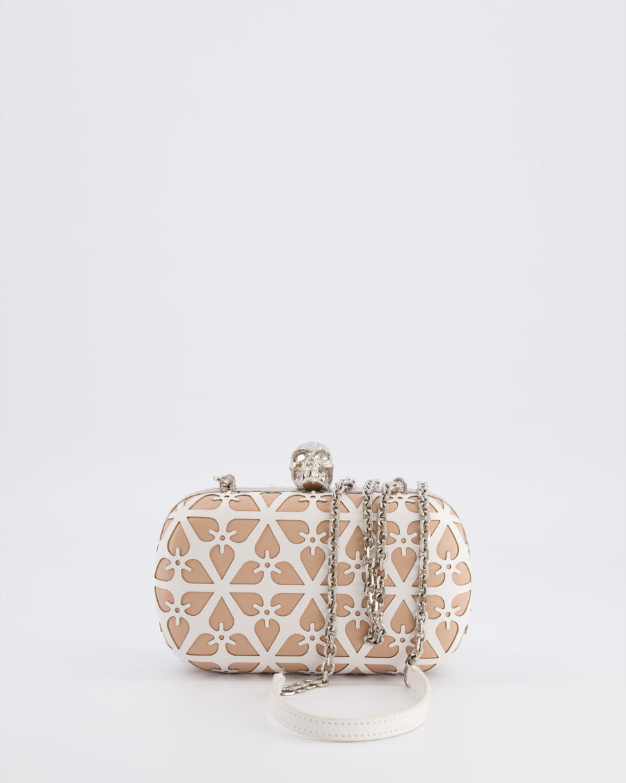 Alexander McQueen Beige and White Leather Laser Cut Skull Box Chain Clutch Bag with Silver and Crystal Embellished Skull Detail RRP £2,690