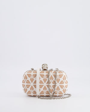 Alexander McQueen Beige and White Leather Laser Cut Skull Box Chain Clutch Bag with Silver and Crystal Embellished Skull Detail RRP £2,690