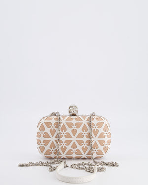 Alexander McQueen Beige and White Leather Laser Cut Skull Box Chain Clutch Bag with Silver and Crystal Embellished Skull Detail RRP £2,690