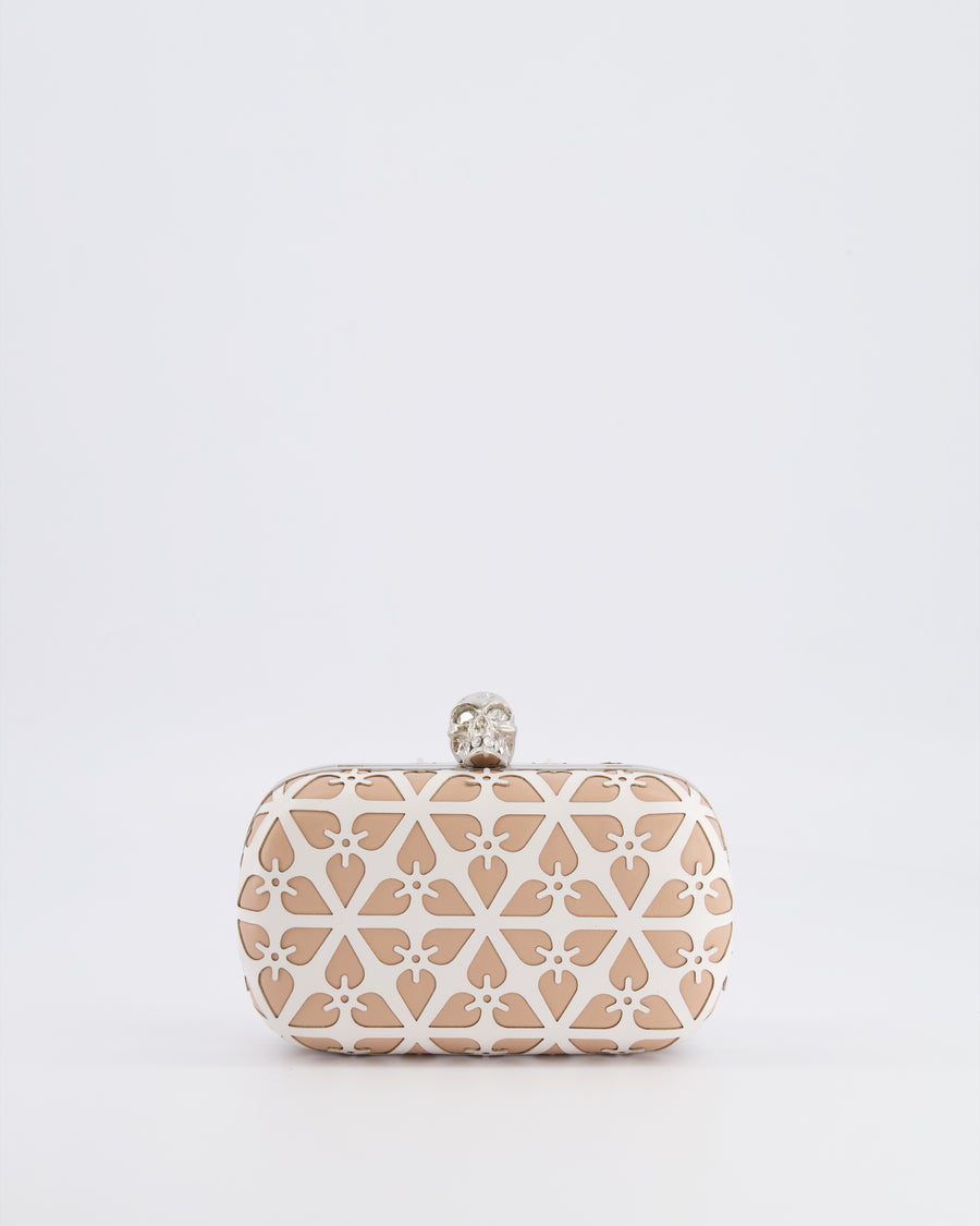 Alexander McQueen Beige and White Leather Laser Cut Skull Box Chain Clutch Bag with Silver and Crystal Embellished Skull Detail RRP £2,690