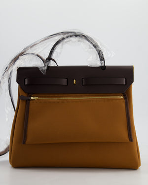 *SUPER HOT* Hermès Herbag 31 Zip Pocket Cargo Bag in Fauve Toile Militaire Canvas, Ebene Vache Hunter Leather with Gold Hardware