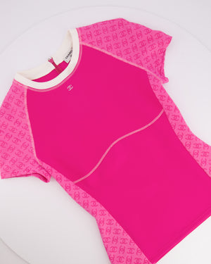 Chanel Cruise 2024 Hot Pink Short Sleeved Top with CC Logo Prints and Crystal CC Logo Detail Size FR 40 (UK 12)
