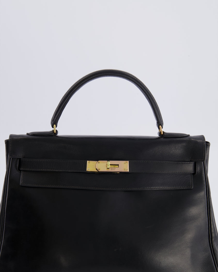 Hermès Vintage Kelly 32 Retourne Bag in Black Calfskin Box Leather with Gold Hardware