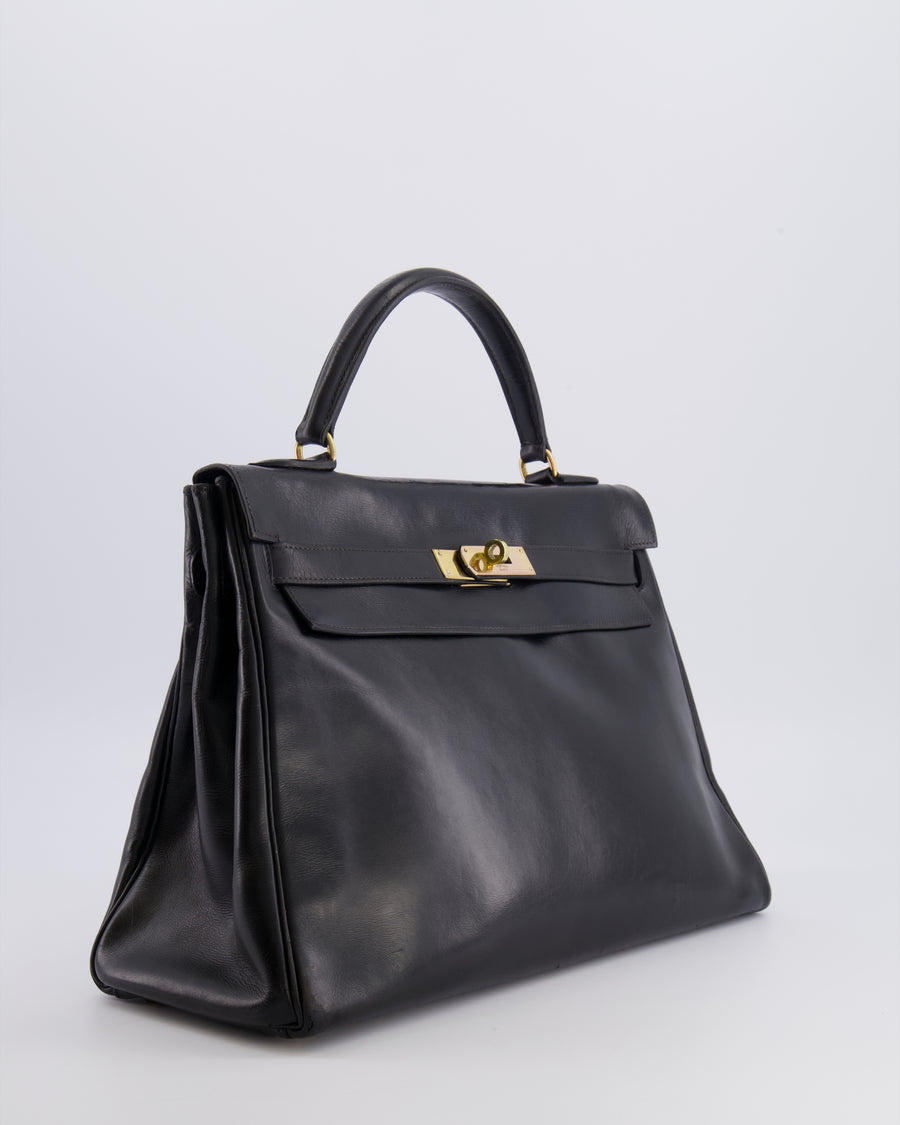Hermès Vintage Kelly 32 Retourne Bag in Black Calfskin Box Leather with Gold Hardware