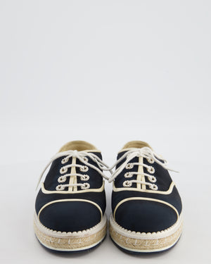 Chanel Navy Canvas, Raffia Platform & Grey Suede Lace Up Espadrille with Pearls Details Size EU 40 (UK 7)
