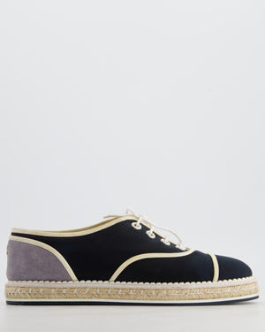 Chanel Navy Canvas, Raffia Platform & Grey Suede Lace Up Espadrille with Pearls Details Size EU 40 (UK 7)