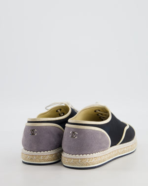 Chanel Navy Canvas, Raffia Platform & Grey Suede Lace Up Espadrille with Pearls Details Size EU 40 (UK 7)