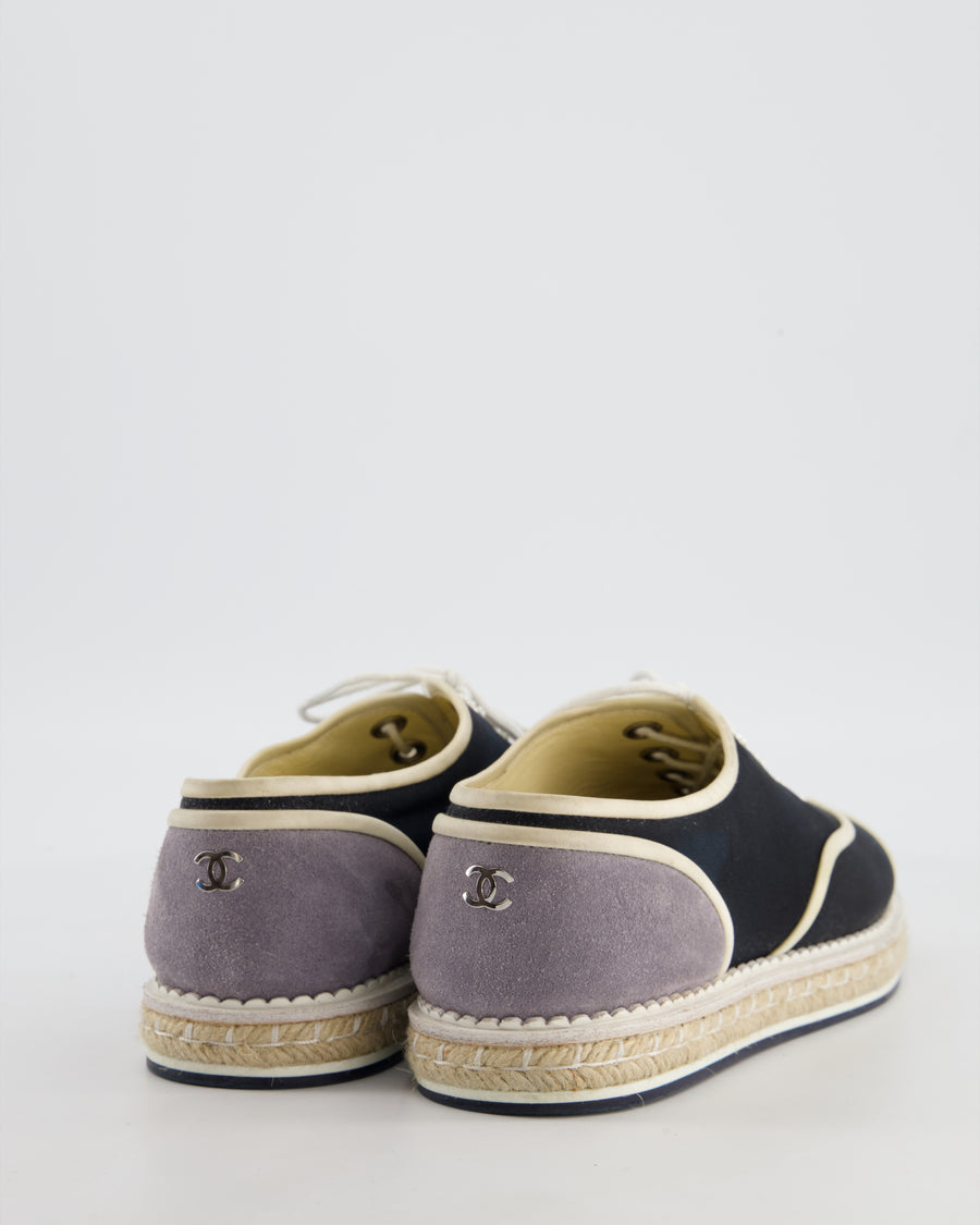 Chanel Navy Canvas, Raffia Platform & Grey Suede Lace Up Espadrille with Pearls Details Size EU 40 (UK 7)