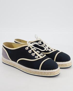 Chanel Navy Canvas, Raffia Platform & Grey Suede Lace Up Espadrille with Pearls Details Size EU 40 (UK 7)