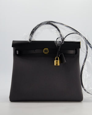 *HOT & RARE* Hermès Herbag 31 Laque Zip Bag in Ardoise Toile Militaire Canvas, Noir Vache Hunter Leather with Gold & Noir Hardware