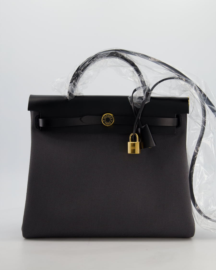 *HOT & RARE* Hermès Herbag 31 Laque Zip Bag in Ardoise Toile Militaire Canvas, Noir Vache Hunter Leather with Gold & Noir Hardware