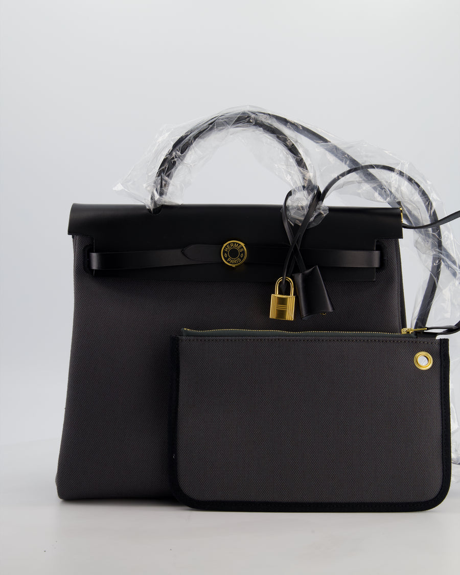 *HOT & RARE* Hermès Herbag 31 Laque Zip Bag in Ardoise Toile Militaire Canvas, Noir Vache Hunter Leather with Gold & Noir Hardware