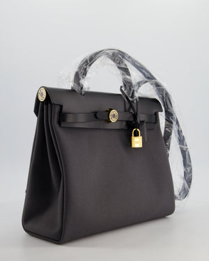 *HOT & RARE* Hermès Herbag 31 Laque Zip Bag in Ardoise Toile Militaire Canvas, Noir Vache Hunter Leather with Gold & Noir Hardware