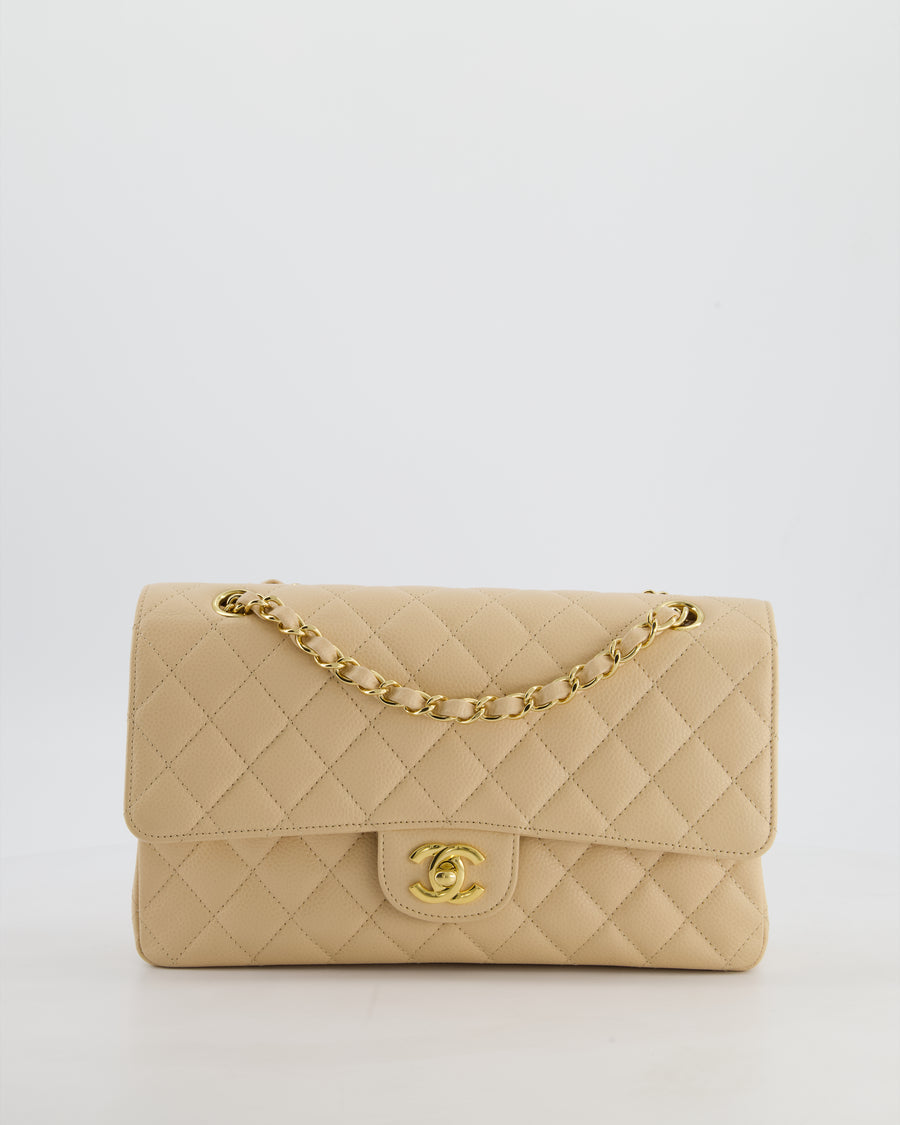 Chanel Beige Clair Medium Classic Double Flap Bag in Caviar Leather with Champagne Gold Hardware