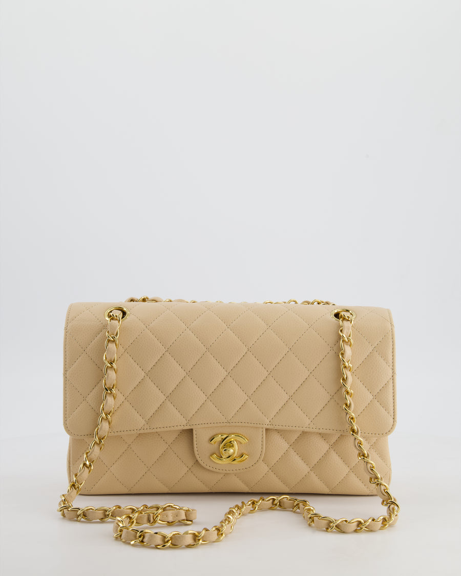 Chanel Beige Clair Medium Classic Double Flap Bag in Caviar Leather with Champagne Gold Hardware