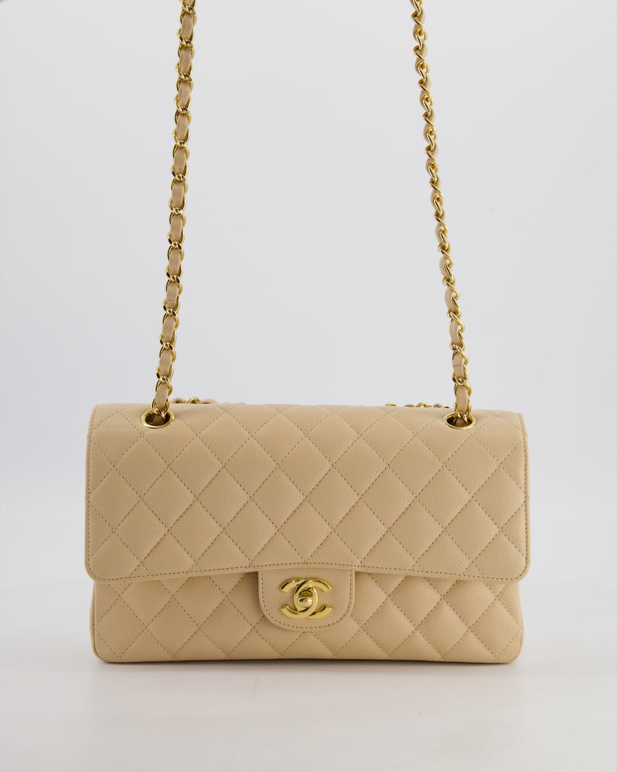 Chanel Beige Clair Medium Classic Double Flap Bag in Caviar Leather with Champagne Gold Hardware