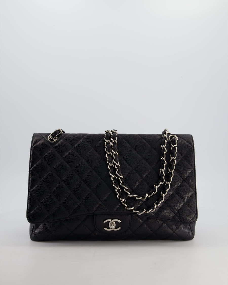 Chanel Black Maxi Classic Single Flap Bag in Caviar Leather with Silver Hardware