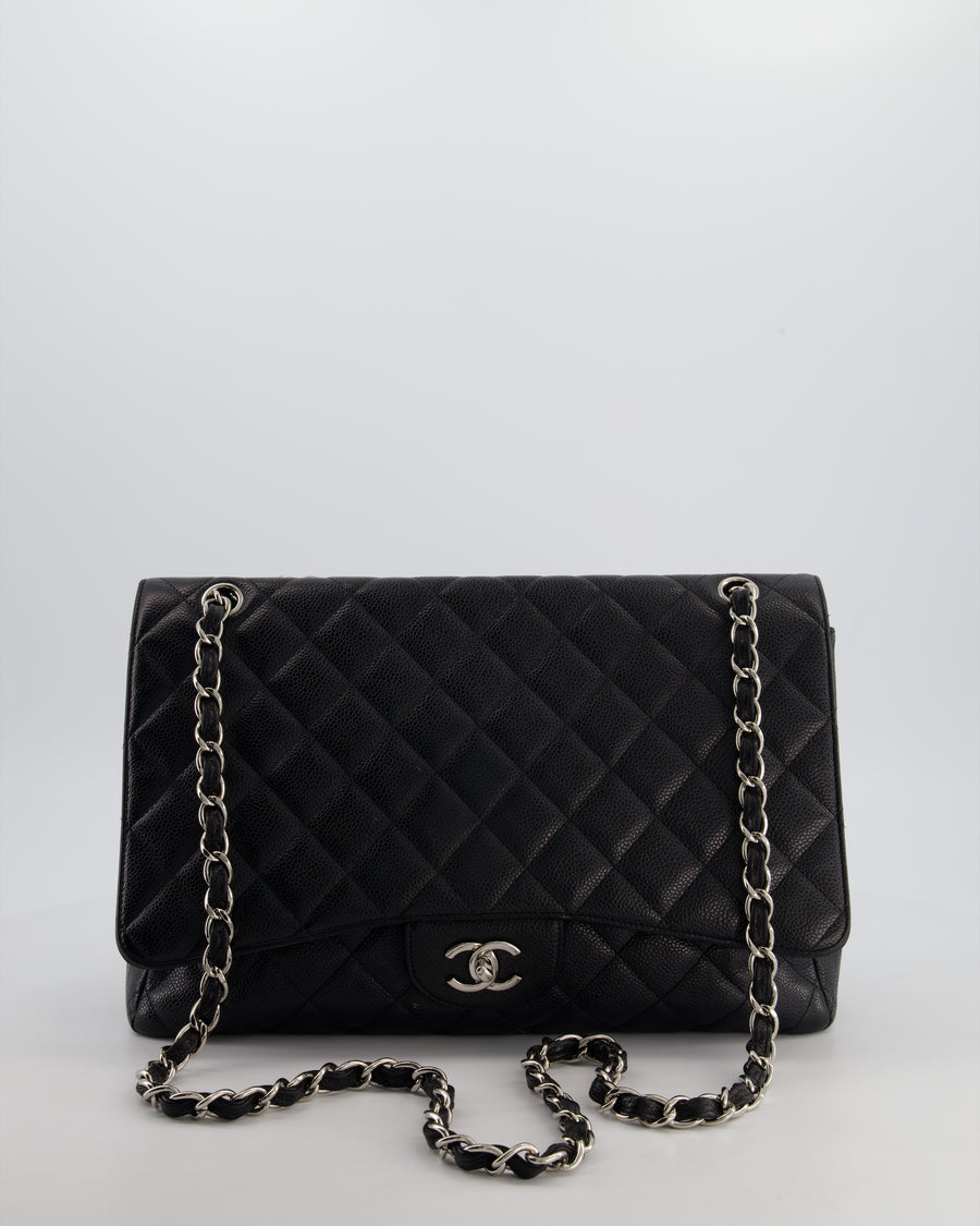 Chanel Black Maxi Classic Single Flap Bag in Caviar Leather with Silver Hardware