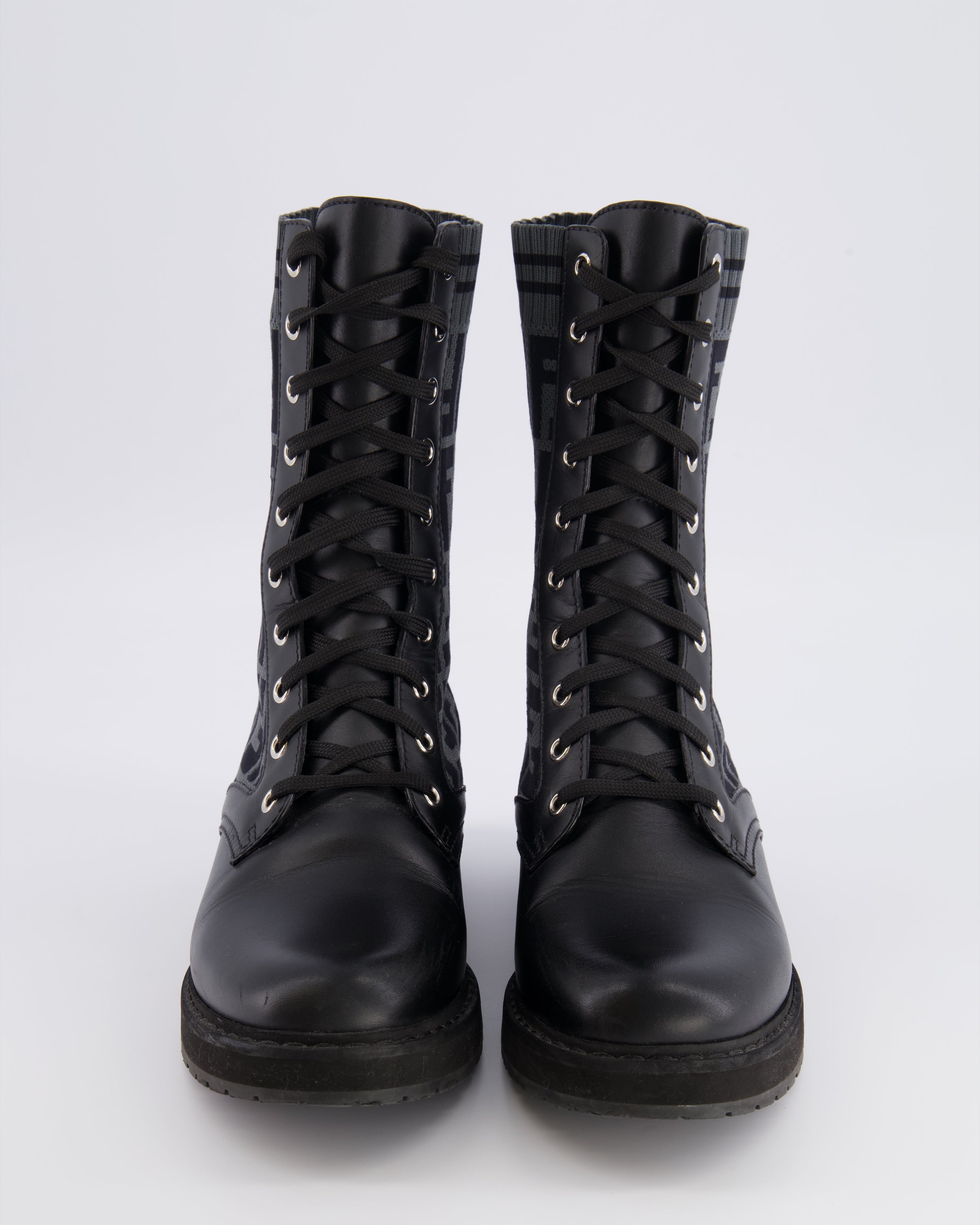 Fendi Black Leather Filo Biker Boots with FF Logo Fabric Details