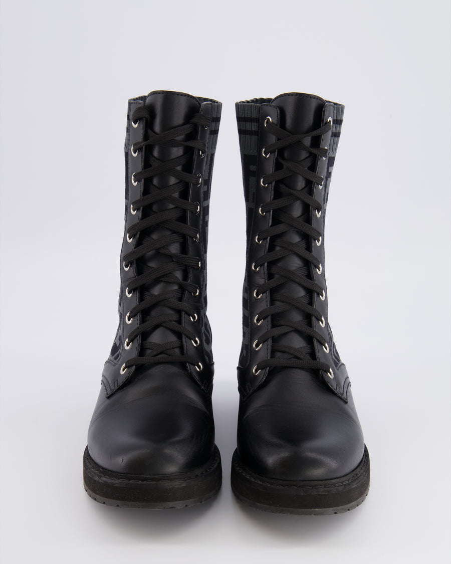 Fendi Black Leather Filo Biker Boots with FF Logo Fabric Details Size EU 38.5 RRP £870