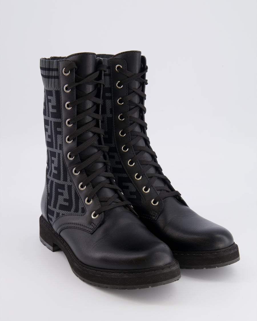 Fendi Black Leather Filo Biker Boots with FF Logo Fabric Details Size EU 38.5 RRP £870