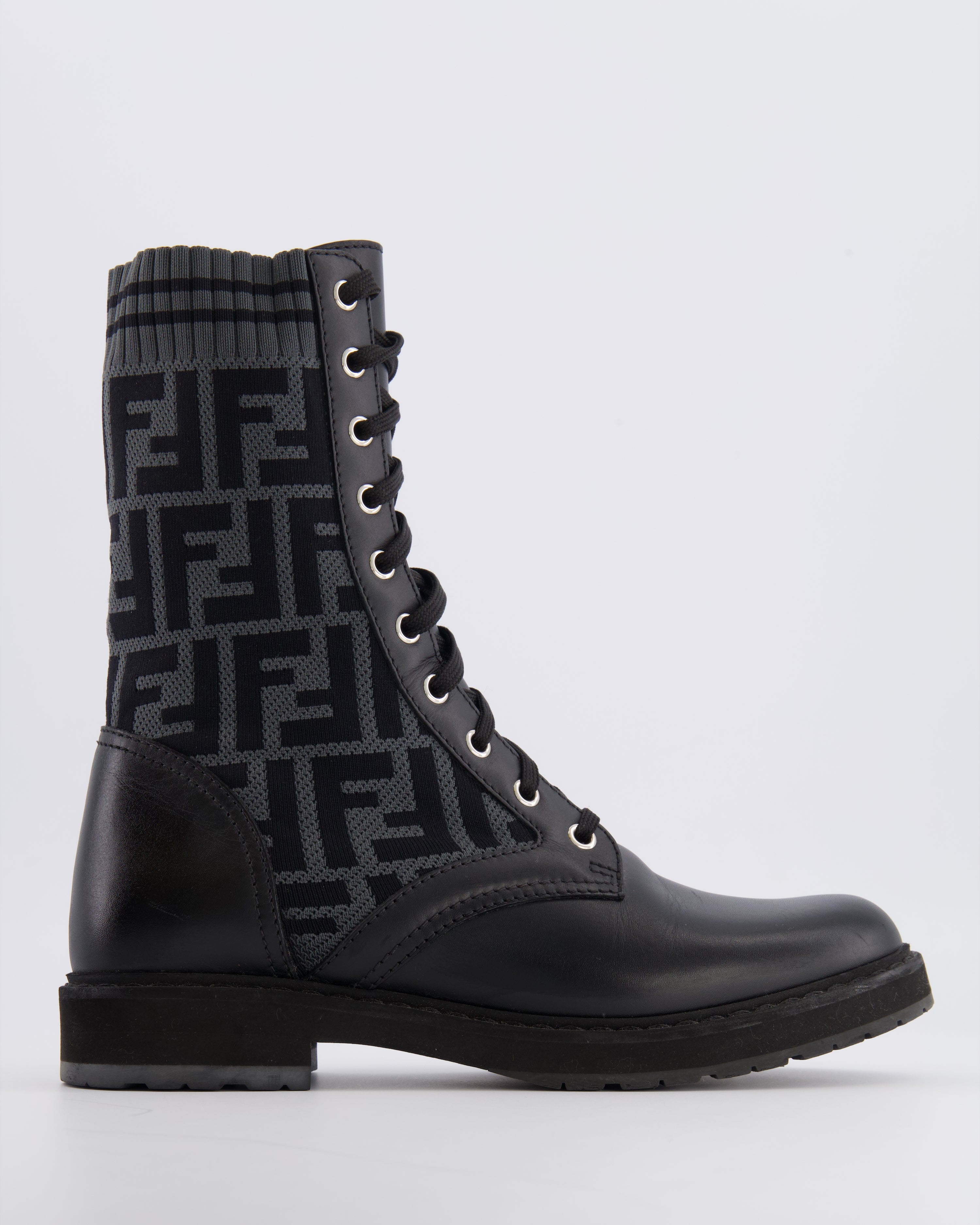 Fendi Black Leather Filo Biker Boots with FF Logo Fabric Details