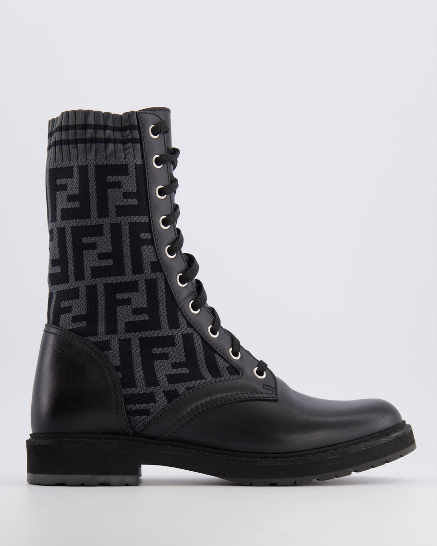 Fendi Black Leather Filo Biker Boots with FF Logo Fabric Details Size EU 38.5 RRP £870
